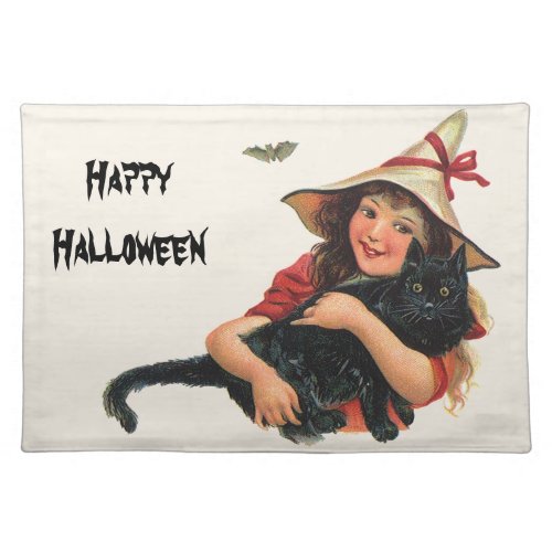 Vintage Halloween Girl Witch with Black Cat Cloth Placemat