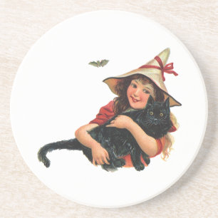 Vintage Halloween, Girl Witch with Black Cat Coaster