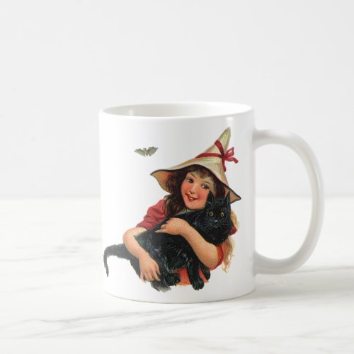 Vintage Halloween Girl Witch with Black Cat Coffee Mug