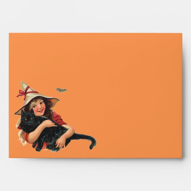 Vintage Halloween, Girl Witch with Black Cat Envelope (Front)