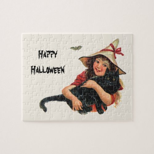 Vintage Halloween Girl Witch with Black Cat Jigsaw Puzzle