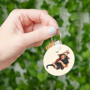 Vintage Halloween, Girl Witch with Black Cat Keychain