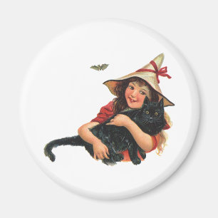 Vintage Halloween, Girl Witch with Black Cat Magnet