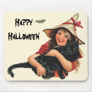 Vintage Halloween, Girl Witch with Black Cat Mouse Pad