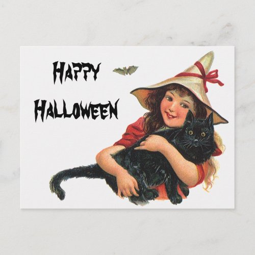 Vintage Halloween Girl Witch with Black Cat Postcard