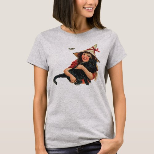 Vintage Halloween Girl Witch with Black Cat T_Shirt