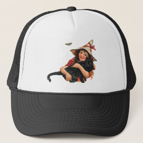 Vintage Halloween Girl Witch with Black Cat Trucker Hat