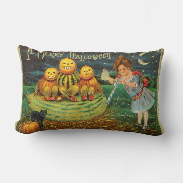 Vintage Halloween Girl with Pumpkins Lumbar Pillow (Front)