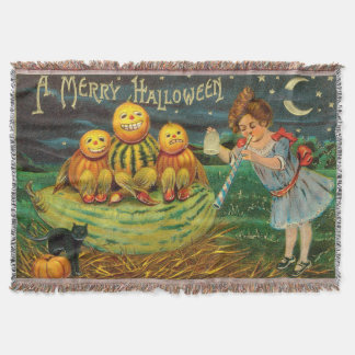 Vintage Halloween Girl with Pumpkins Throw Blanket
