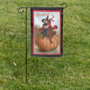 Vintage Halloween Girl with Witch Hat & Black Cat Garden Flag