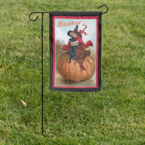 Vintage Halloween Girl with Witch Hat  Black Cat Garden Flag