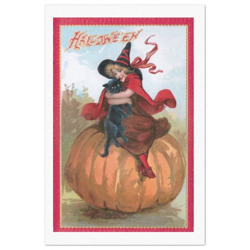 Vintage Halloween Girl with Witch Hat  Black Cat Tissue Paper