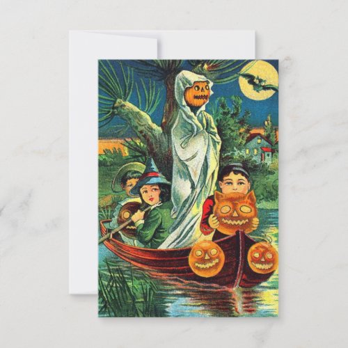 Vintage Halloween Girls And Pumpkins On Boat