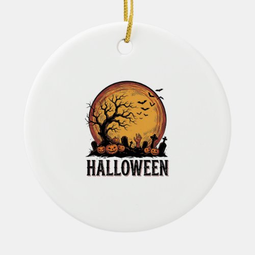 Vintage Halloween Graveyard Bat Moon Art_1 Ceramic Ornament