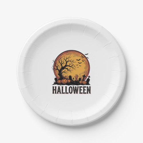 Vintage Halloween Graveyard Bat Moon Art_1 Paper Plates