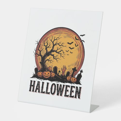 Vintage Halloween Graveyard Bat Moon Art_1 Pedestal Sign