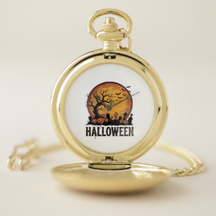 Vintage Halloween Graveyard Bat Moon Art_1 Pocket Watch