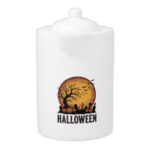 Vintage Halloween Graveyard Bat Moon Art_1 Teapot
