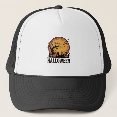Vintage Halloween Graveyard Bat Moon Art_1 Trucker Hat