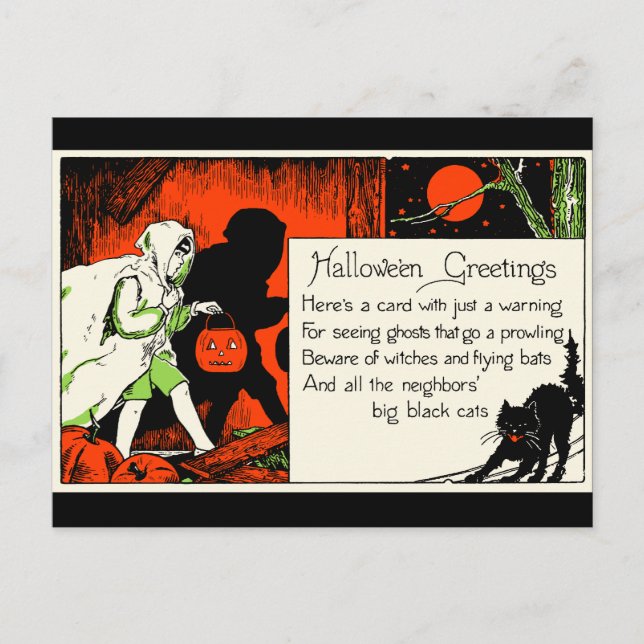 Vintage Halloween Greeting Black Cat Ghost Child Postcard (Front)