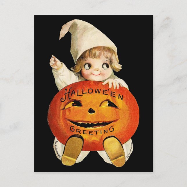 Vintage Halloween Greeting with Little Girl Postcard (Front)