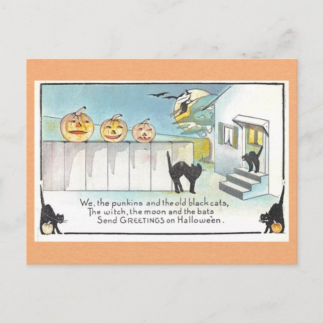 Vintage Halloween Greetings Black Cat Witch Poem Postcard (Front)