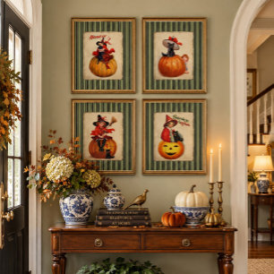 Vintage Halloween Greetings Card Posters Wall Art Sets