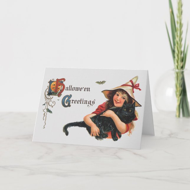 Vintage Halloween Greetings, Child Witch with Cat Card (Front)