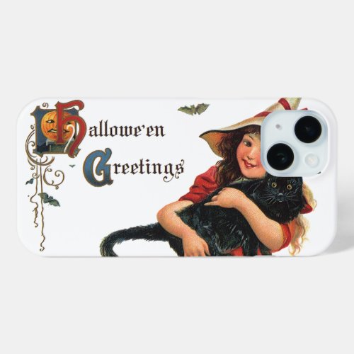 Vintage Halloween Greetings Child Witch with Cat iPhone 15 Case