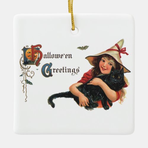 Vintage Halloween Greetings Child Witch with Cat Ceramic Ornament