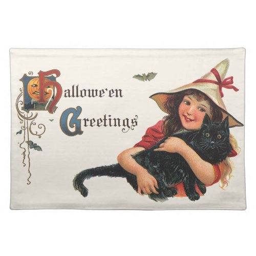 Vintage Halloween Greetings Child Witch with Cat Cloth Placemat