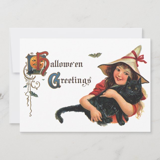 Vintage Halloween Greetings, Child Witch with Cat Invitation (Front)