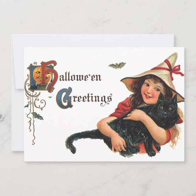 Vintage Halloween Greetings, Child Witch with Cat Invitation (Front)