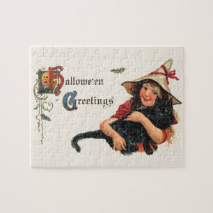 Vintage Halloween Greetings, Child Witch with Cat Jigsaw Puzzle