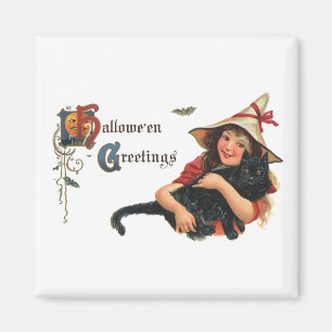 Vintage Halloween Greetings, Child Witch with Cat Magnet