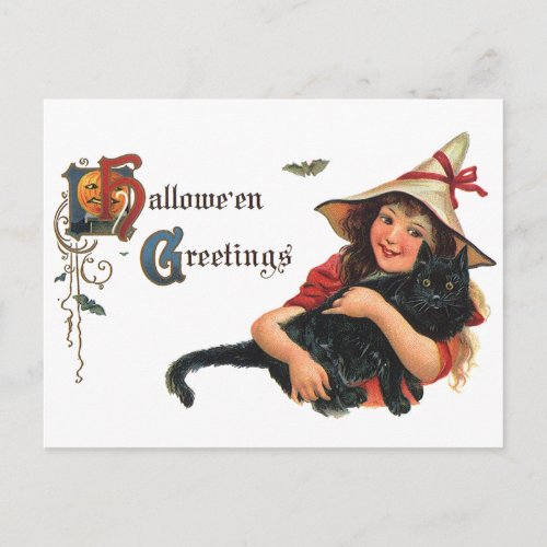 Vintage Halloween Greetings Child Witch with Cat Postcard