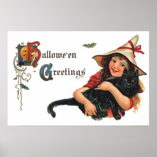 Vintage Halloween Greetings, Child Witch with Cat Poster