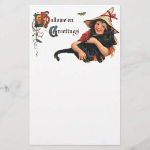 Vintage Halloween Greetings, Child Witch with Cat Stationery