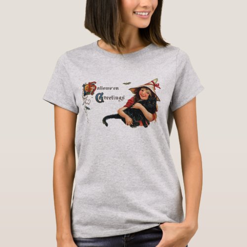 Vintage Halloween Greetings Child Witch with Cat T_Shirt