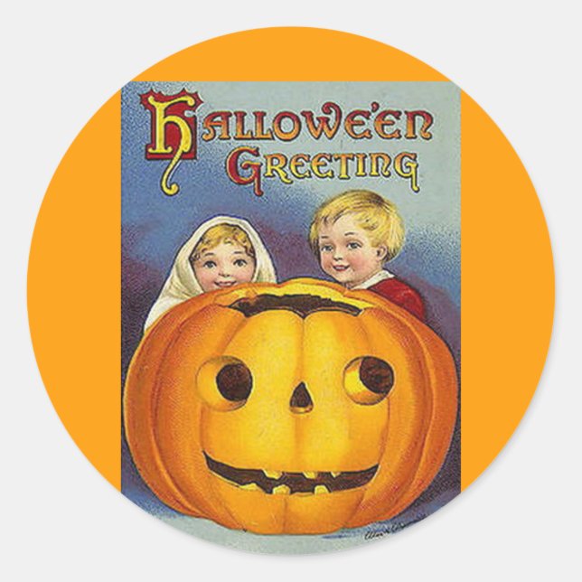 Vintage Halloween Greetings Classic Round Sticker (Front)