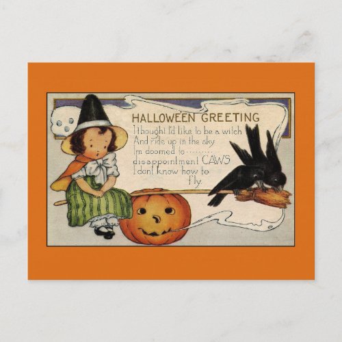 Vintage Halloween Greetings Cute Witch Postcard