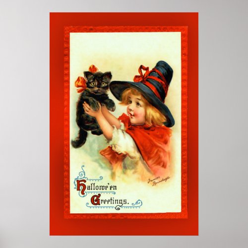 Vintage Halloween Greetings Little Witch And Cat Poster