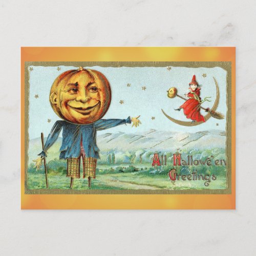 Vintage Halloween Greetings Pumpkin Witch Postcard