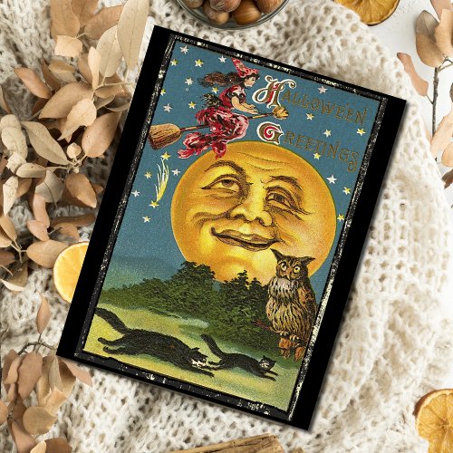 Vintage Halloween Greetings Witch Flying on Broom