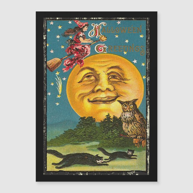 Vintage Halloween Greetings Witch Flying on Broom (Front)