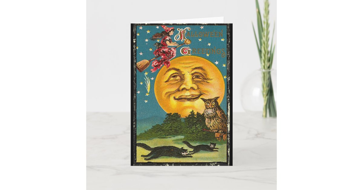 Vintage Halloween Greetings Witch Flying on Broom Card | Zazzle