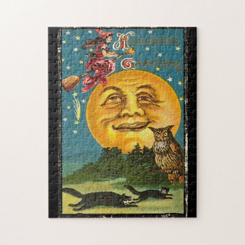 Vintage Halloween Greetings Witch Flying on Broom Jigsaw Puzzle