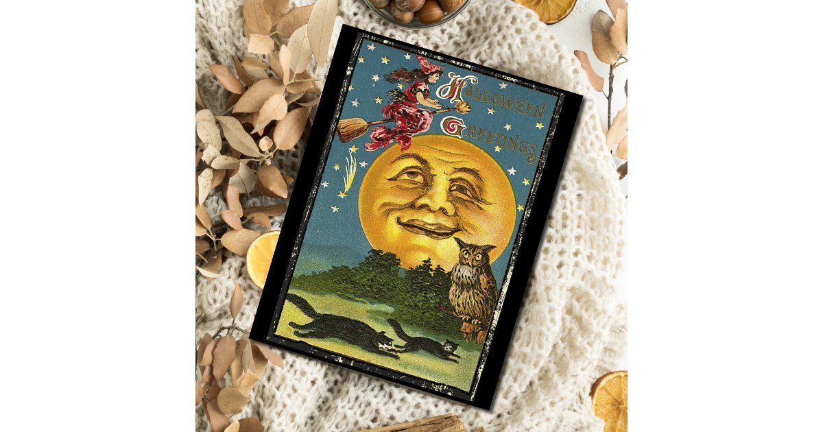 Vintage Halloween Greetings Witch Flying on Broom Postcard | Zazzle