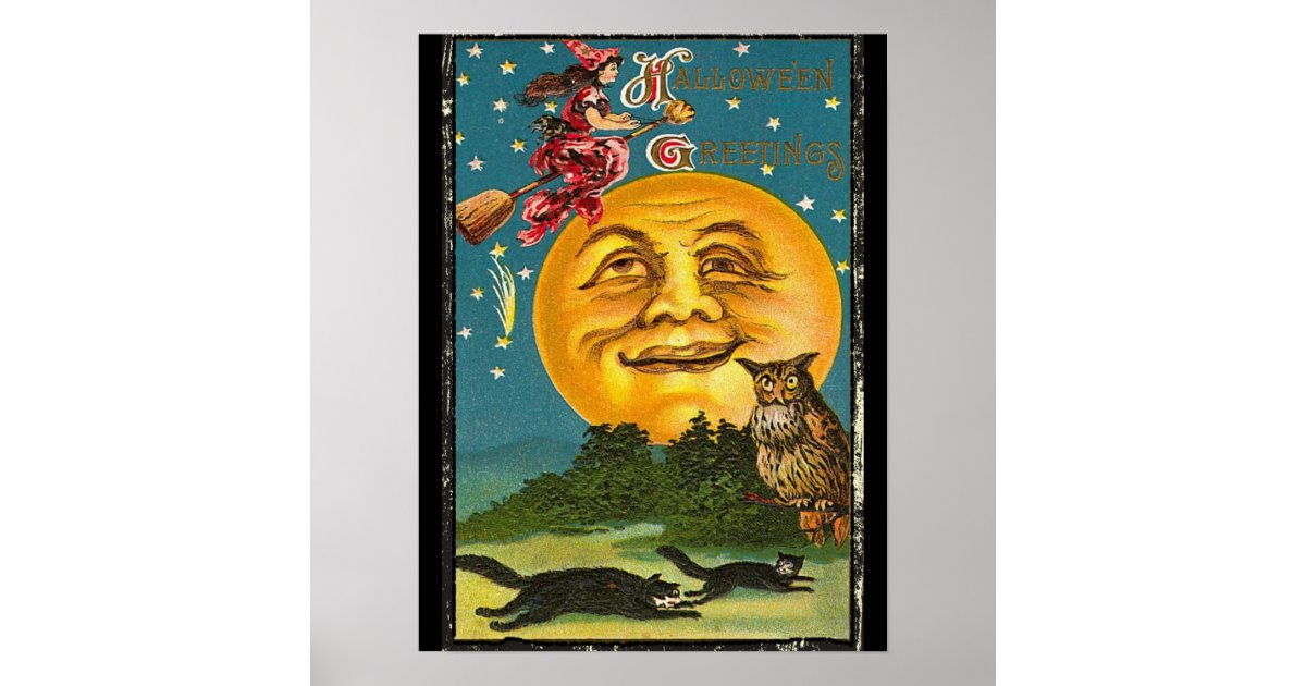 Vintage Halloween Greetings Witch Flying on Broom Poster | Zazzle