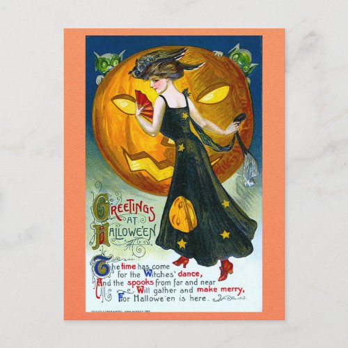 Vintage Halloween Greetings Witch Pumpkin Poem Postcard